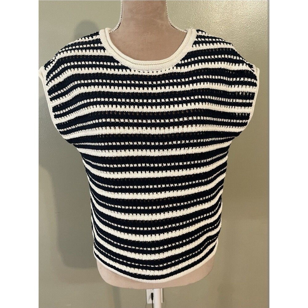 Joie Blue White Nautical Preppy Crew Neck Striped Short Sleeve Sweater Size M